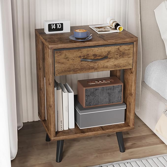 GYIIYUO Nightstand Set of 2 with Fabric Drawers and Open Shelves, Bedside Table Set - Dark Rustic Brown Bedroom Side Tables