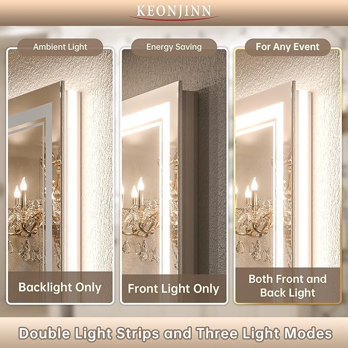 Keonjinn LED Bathroom Mirror 48" x 24" with Frontlit and Backlit, Stepless 3 Colors Temperature & Dimmable Wall Mirror, Tempered Glass, UL Listed LED Driver, Double LED Strips Lighted Vanity Mirror