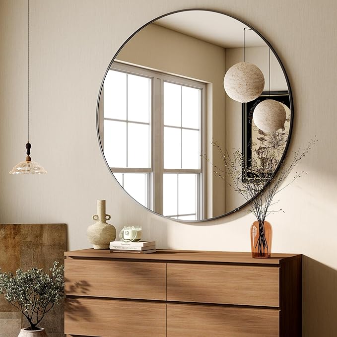 HARRITPURE 48 Inch Round Mirror, Black Circle Bathroom Mirror, Modern Aluminum Alloy Frame Large Vanity Wall Mirror for Living Room, Bedroom, Entryway