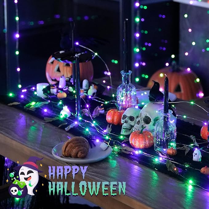 JMEXSUSS 2 Pack Purple and Green Fairy Lights Battery Operated, Total 200 LED 66ft Halloween Lights with Remote, 8 Modes Twinkle String Lights for Fireplace Mantel Porch Tree Centerpiece Wreath Decor