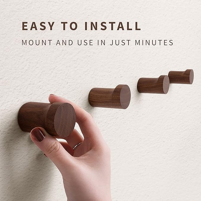Natural Wooden Wall Mounted Hooks - Pack of 4 - Modern - Handmade Decorative Wood Pegs Minimalist for Hanging Hat, Coats (Black Walnut Wood)