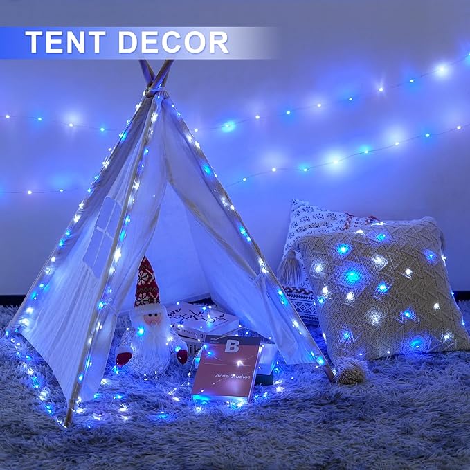 JMEXSUSS 2 Pack 100 LED Blue and White Fairy Lights Battery Operated, 33ft Blue and White Christmas Lights with Remote, 8 Modes Battery Powered Twinkle String Lights for Bedroom Christmas Tree Decor