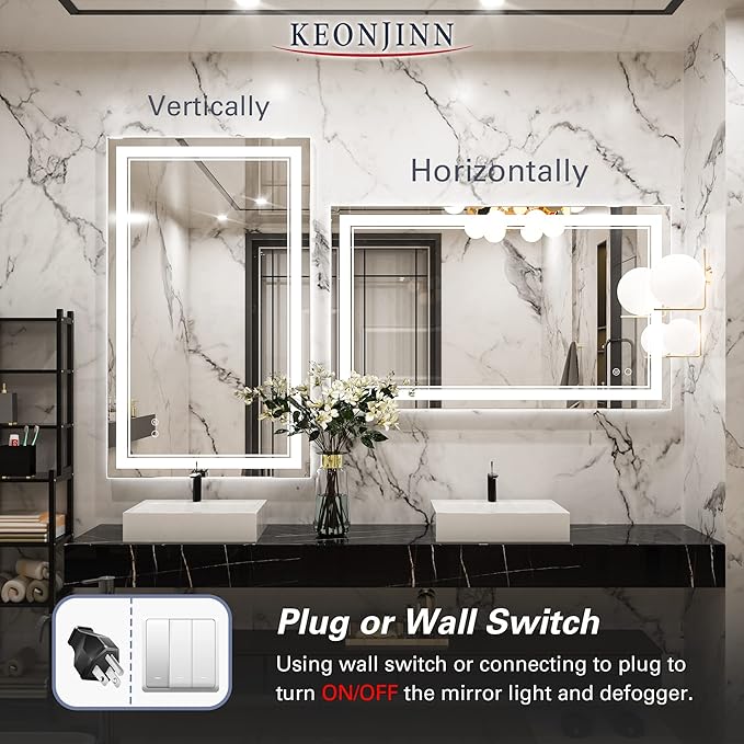 Keonjinn LED Bathroom Mirror with Lights, 40 x 24 Inch Front Lighted Vanity Mirror, HD Tempered Glass, UL-Listed LED Driver, Anti-Fog, 6000K Dimmale, Memory Function, Easy Installation