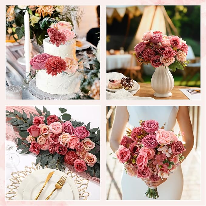 Zeyune 12 Bundles Artificial Peonies Flowers Artificial Silk Rose Faux Dahlia Fake Chamomile Hydrangea Bouquet Bulk for Vase Home Wedding Centerpiece Party Decoration (Dust Rose,Petal Dust)