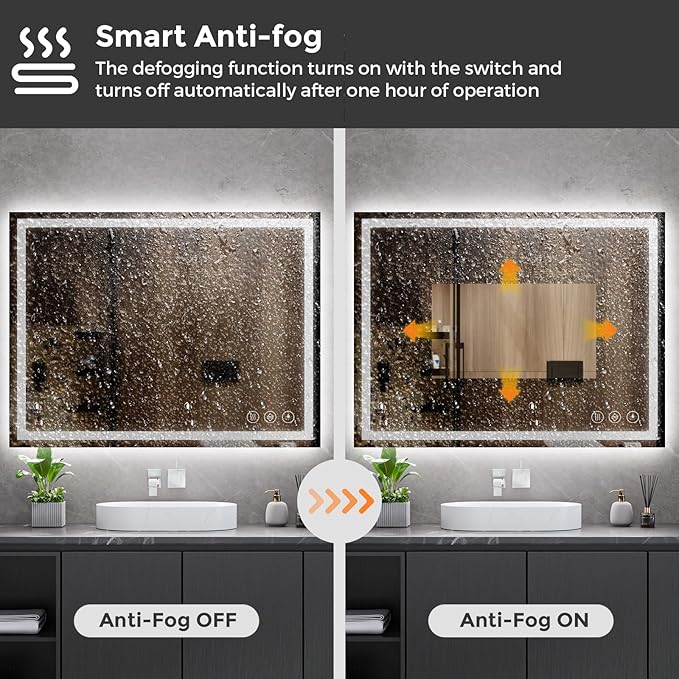 Koonmi 36x48 LED Bathroom Mirror, Backlit + Front Lit, LED Bathroom Mirror with Lights for Wall, 3 Colors, Anti-Fog, Dimmable Brightness, Memory Function, Tempered Glass