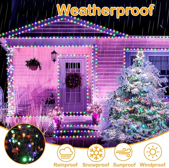 Decute 300LED Christmas String Lights Outdoor Waterproof 105FT UL Certified with End-to-End Plug 8 Modes, Multicolor Indoor Starry Fairy Lights for Christmas Tree Patio Garden Wedding Party Decor