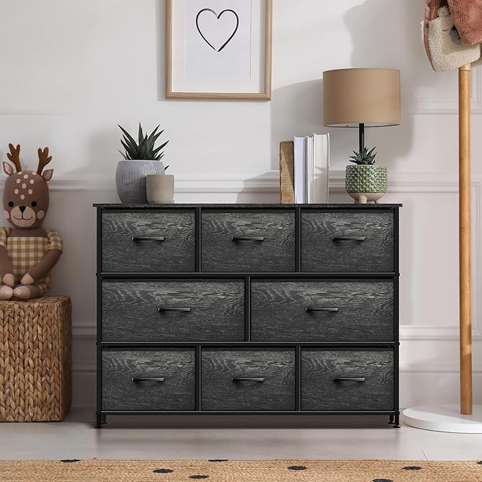 Sorbus Dresser with 8 Faux Wood Drawers - Chest Organizer Unit with Steel Frame Wood Top & Handle Easy Pull Fabric Bins for Clothes - Wide Storage Furniture for Bedroom Hallway, Living Room & Closet
