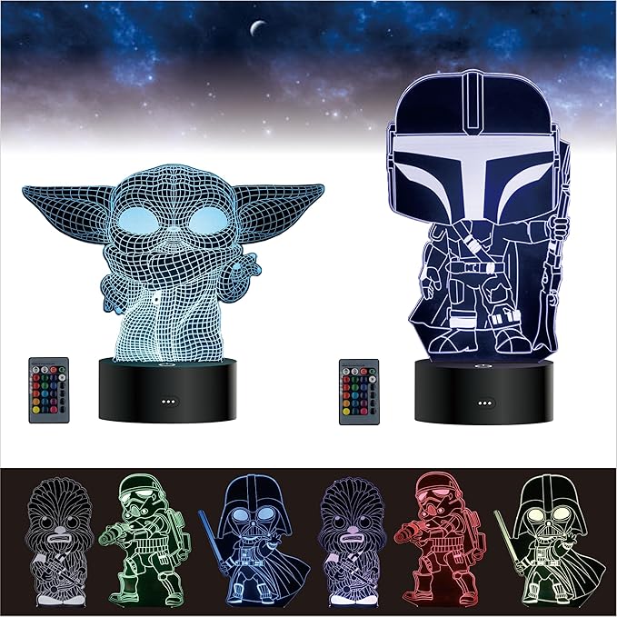 2 Bases 5 Patterns Star Wars Gifts 3D Illusion Lamp - Baby Yoda Night Light, 7 Color Change, Christmas Gifts for Star Wars Fans Boys Girls Men