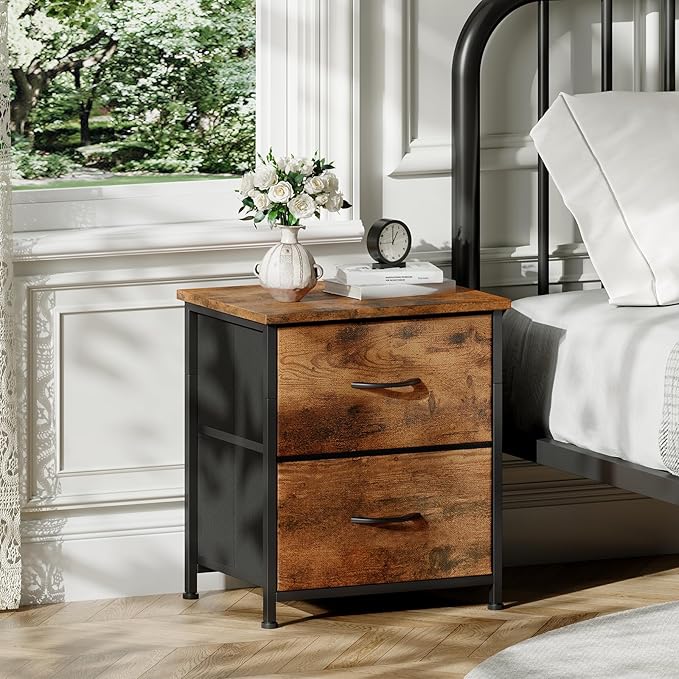 Somdot Nightstand, Small Dresser for Bedroom with 2 Drawers, Bedside Table Night Stand End Table with Fabric Bins for Bedroom Kids Closet Dorm Guest Room, Wood Grain Print