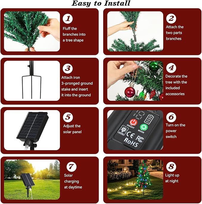 Lewondr Set of 2 Prelit Pathway Christmas Trees, 47.24" Outdoor Xmas Tree with 50 LED Strawberry Lights, Pine Cones Red Green Fruits, Solar and Type-C Powered Xmas Decor with Small Bells for Yard Home