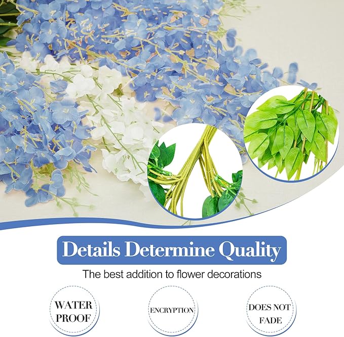 Giegxin 24 Pcs Artificial Wisteria Hanging Flowers 3.6 ft Artificial Fake Wisteria Vine Rattan Hanging Garland Silk Flowers String for Wall Home Wedding Party Greenery Decorations (Blue,White)