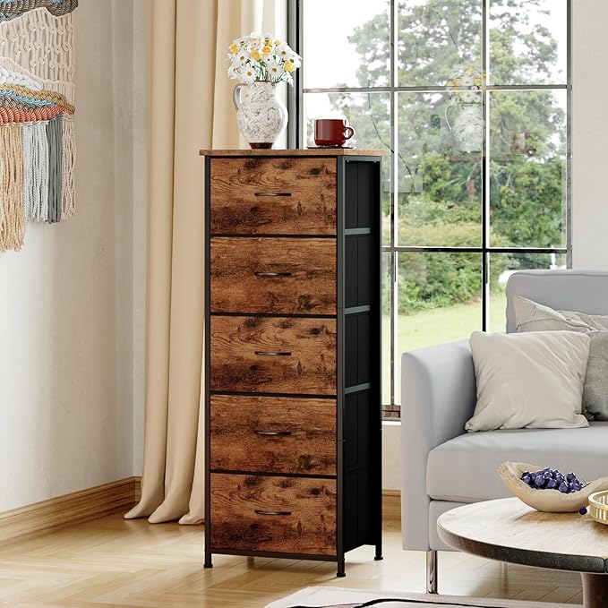 Somdot Tall Dresser for Bedroom with 5 Drawers, Storage Organizer Chest of Drawers with Removable Fabric Bins for Closet Bedside Living Room Laundry Entryway Hallway, Wood Grain Print