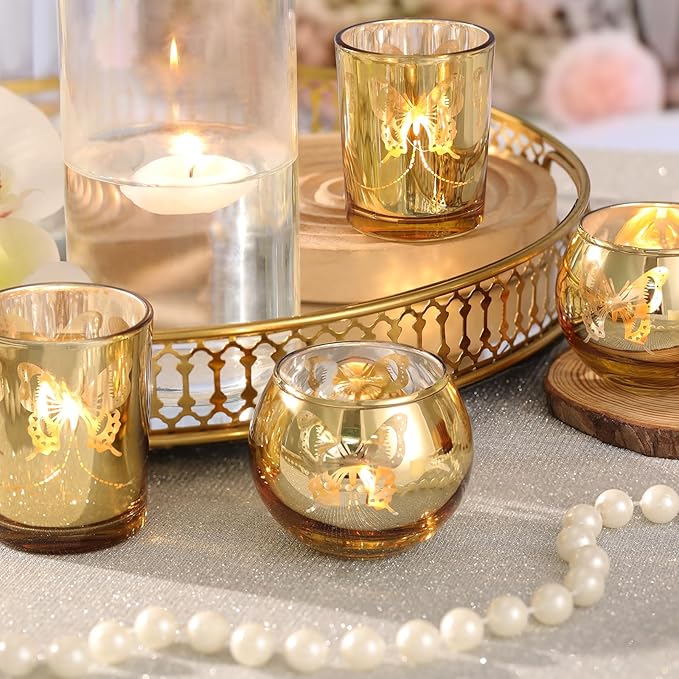 Gold 12 PCS Combination Tea Lights Candle Holder Decorative with Butterfly Pattern, Votive Candle Holders for Wedding, Birthday, Anniversary, Parties, and Holiday Decorations