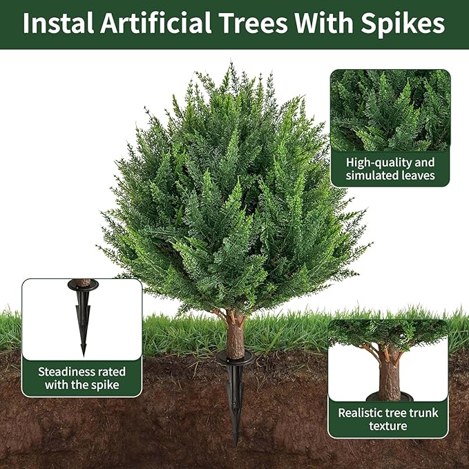 23”Artificial Cedar Topiary Ball Tree Set of 2 with Ground Spikes, UV Resistant Artificial Bushes Fake Plants for Home Front Door Offices