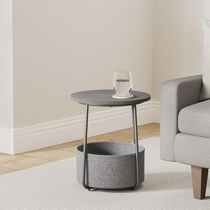 VASAGLE LILEA Collection - Small Round Side End Table, Modern Nightstand with Fabric Basket, Ebony Black and Slate Gray ULET223B01