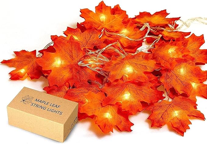 JamBer Fall Maple Leaf Garland 20 LED Maple Leaves Fairy Lights 7.4 Feet Fall Garland Lights Waterproof Maple Leaf String Lights 3AA Battery Powered Lighted Garland for Thanksgiving Halloween Decor