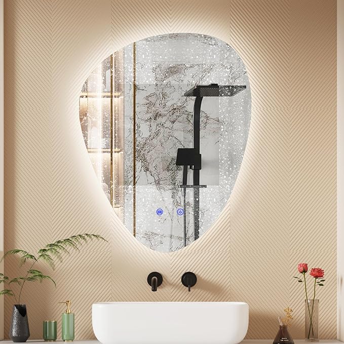 QDSSDECO Irregular LED Bathroom Mirror with Lights,Asymmetrical Led Bathroom Vanity Mirror for Wall with Front and Backlit, Anti Fog, 3 Colors and Dimmable Light, 22" x 28"