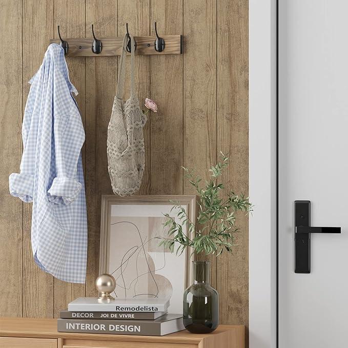Coat Hooks Wall Mounted, Wooden Hat Rack with 4 Hooks for Entryway, Bathroom,Bedroom(2 Pack,Brown)
