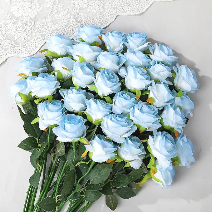 68 Pcs Ice Blue Artificial Roses Fake Flowers,Silk Flowers with Stems for DIY Wedding Bridal Shower Centerpieces Arrangements Tables Decorations