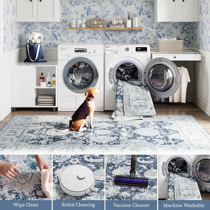 jinchan Hallway Runner Rug 3x10 Machine Washable Runner Rug Dark Blue Vintage Floral Design Non-Slip Low Pile Ultra-Thin for Kitchen Laundry Room Bedroom Farmhouse (3‘x10',Dark Blue)