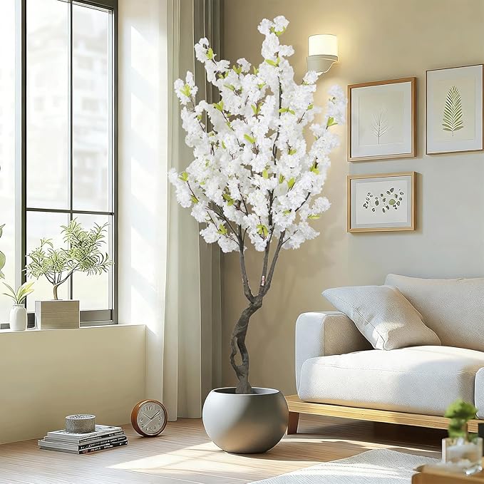 Faux White Cherry Blossom 6ft(72in) Tall Artificial Plant Indoor Decor Handmade Natural Fake Cherry Blossom Tree for Wedding Realistic Cherry Plant in Pot for Home Living Room,Office,Outdoor Decor.
