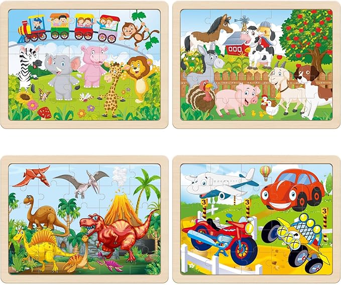Wooden Puzzles for Kids Ages 4-6, 4 PCs 24 Animals Cars Farm Dinosaur World Jigsaw Puzzles, Preschool Educational Brain Teaser Toys for 3 4 5 6 7 8 Years Old