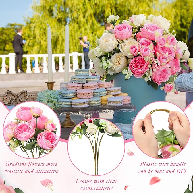 Geosar 8 Bundles Artificial Peonies Flowers Fake Silk Peony Bouquet Faux Peonies Flowers Bulk for Decoration Vase Floral Arrangements Wedding Party Table (Pink,Champagne)