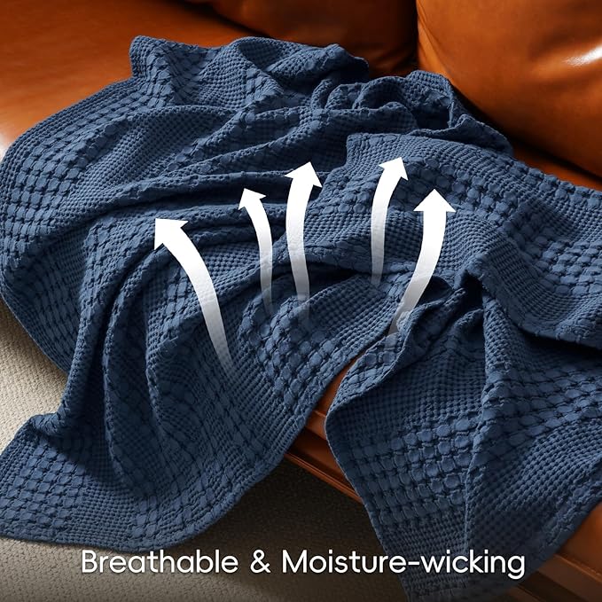 PHF 100% Cotton Waffle Weave Blanket Queen Size for Bed, Soft Lightweight & Breathable, All-Season Comfort, Luxury Aesthetic Woven Bedding for Home Decor, 90"x90", Blue Sapphire