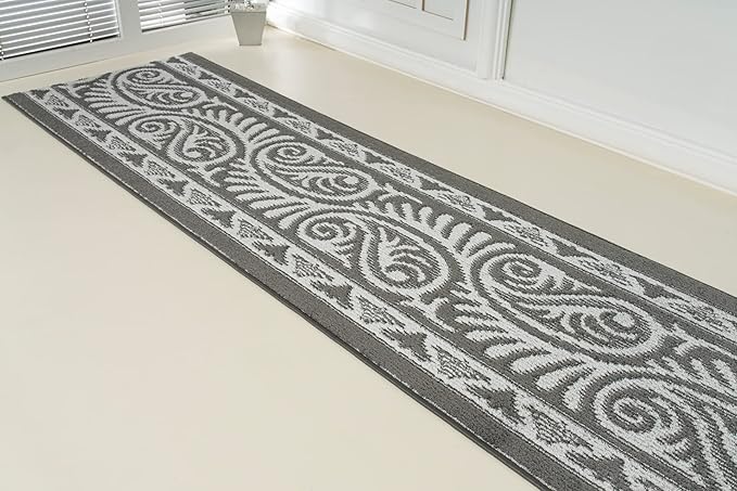 Custom Length Cut to Size Tribal Ethnic Southwestern Inspired Hallway Runner Rug, Non Slip Rubber Backed, 31 inch Wide X Customized Length, Mayan Grey, 31 inch X 6 feet