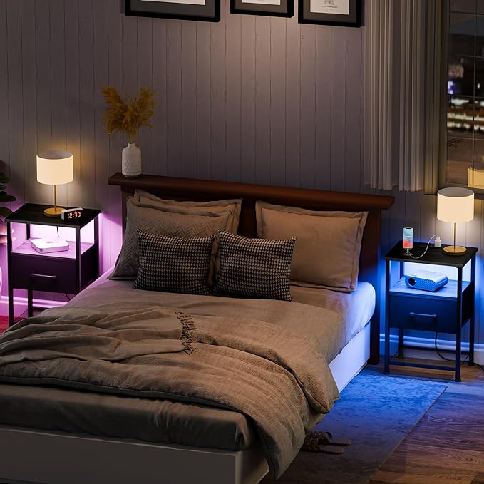 Nightstands Set of 2 with Charging Station and Drawer, End Table Bedside Table with 20 Colors LED Light Strip and 2 Layers Shelf for Bedroom Living Room Sofa Couch (Black)