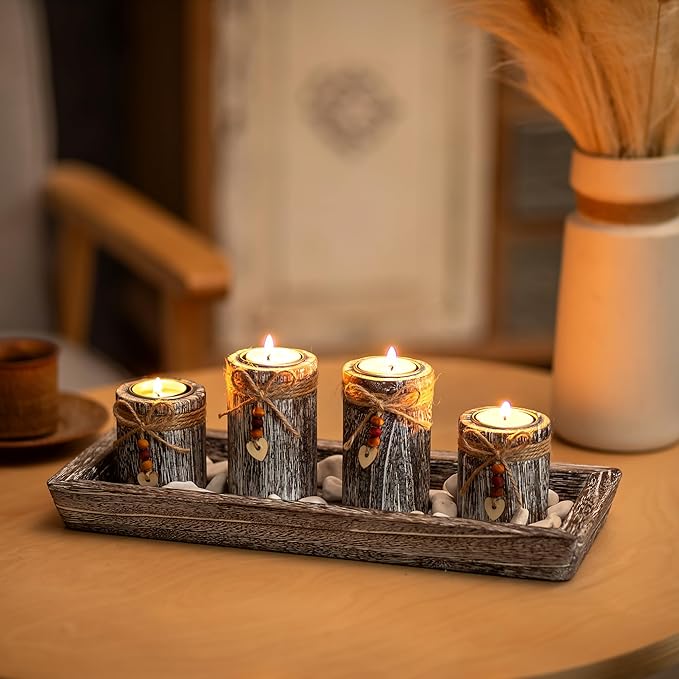 Farmhouse Coffee Table Decor Candle Holder - Romadedi Boho Wooden Tray with 4 Tealight Candles Holders for Tables Centerpiece Home Decorations Living Room Fireplace Whitewashed