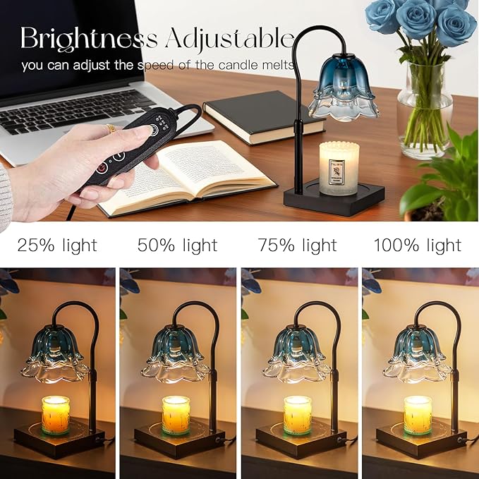 Candle Warmer Lamp with Timer: Navy Blue Flower Candle Warming Lamp with 2 Bulbs Height Adjustable Wax Warmer Dimmable Bedroom Decor Birthday Gift for Women