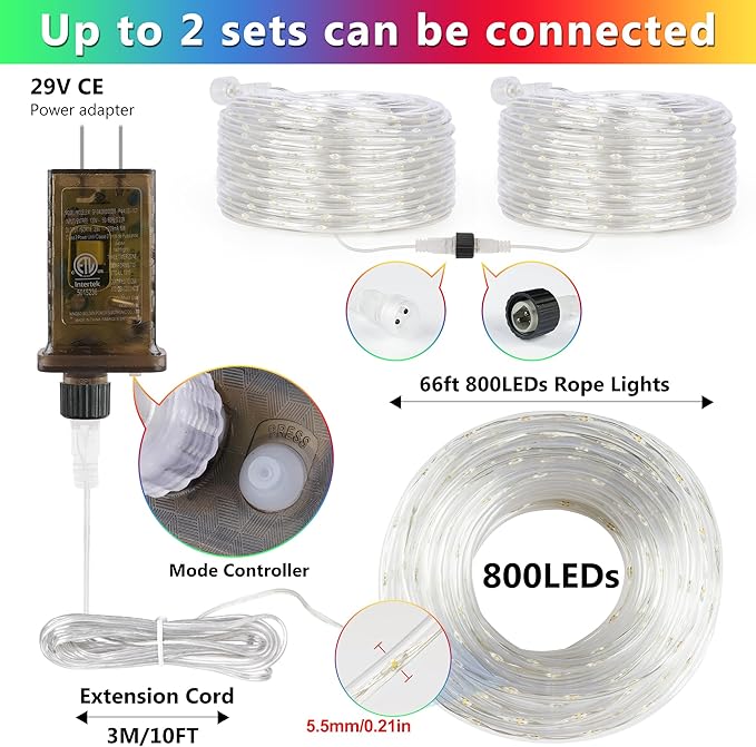 OMIKA Connectable 66ft 800LED Rope Lights for Outside, Multicolor LED Rope Lights Plug in with Remote Timer, 8 Lighting Modes, Outdoor Rope Lights Waterproof for Party, Christmas Decorations