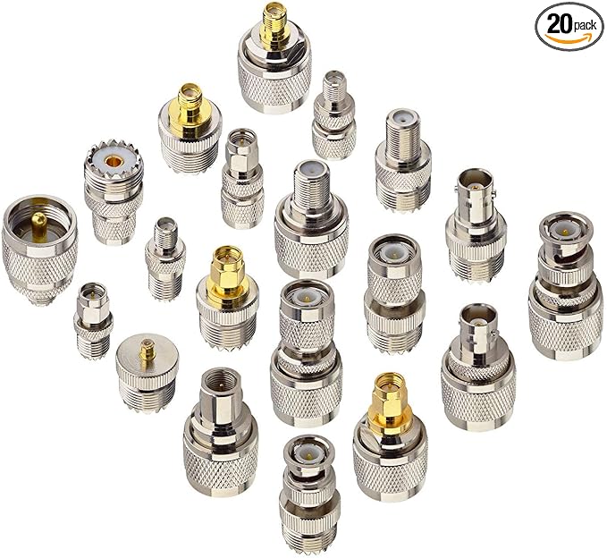 onelinkmore 20-Piece UHF Adapter Master Kit - PL259 SO239 to SMA BNC MCX FME F TNC Mini-UHF Connectors - RF Coaxial Converter Set for Ham Radio Base Stations, SDR, CB Scanners & HTs