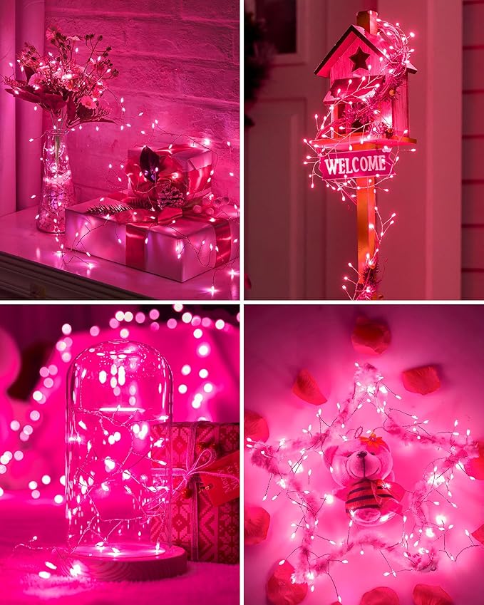 Brightown Battery Operated Fairy Lights, 10Feet 120LEDs Firecracker String Lights Waterproof Silver Wire Starry Firefly Lights for DIY Wreath Home Weeding Indoor Outdoor Christmas Decorations, Pink