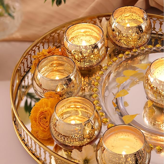 LAMORGIFT 24 Pcs Gold Votive Candle Holders -Gold Mercury Glass Candle Holders, Diwali Decorations for Home, Wedding Centerpieces for Tables, Christmas Tea Light Holders