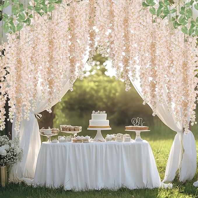 mizii 6Pcs Beige Wisteria Hanging Flowers 48" Silk Wisteria Artificial Flowers Garland Vines Fake Hanging Flowers Decoration for Wedding Flower Wall Backdrop Centerpieces Party Room Decor (Beige)