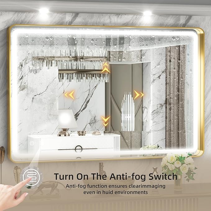 Hasipu LED Bathroom Mirror with Lights 40 x 26 Inch, Gold Metal Frame Light Mirror for Vanity Shaving, Wall Mounted Rounded Rectangle Mirror Anti-Fog, Dimmable, 3 Colors (Horizontal/Vertical)