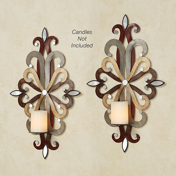 Fiorenzo Wall Sconce Pair | Set of Two Candle Sconces | Modern Candle Holders | Mirrored Hand Dyed Candleholders | Silver Auburn Gold Brown | Swirl Scrolls | Wall Decoration | Hanging Wall Sconces