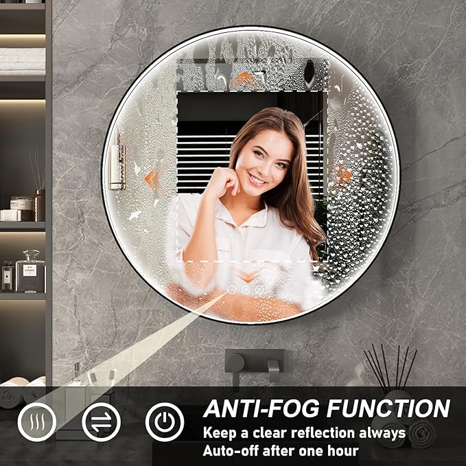 28 Inch LED Round Mirror for Bathroom, Black Metal Framed LED Bathroom Mirror with Lights, 3 Colors and Stepless Dimmable Wall Mounted Lighted Bathroom Vanity Mirror, Anti-Fog, Memory