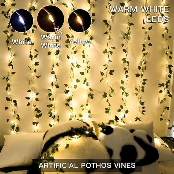 suddus Vine with Fairy Lights Battery Operated, 33ft100 LED Pothos String Lights with Remote, Leaf Lights for Bedroom, Room, Wall, Garden, Party, Wedding Decor(Warm White)