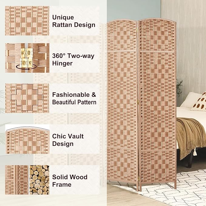 Rose Home Fashion 6 ft Tall Room Divider, Room Dividers and Folding Privacy Screens, 15.7in Privacy Screen 6 Panel Partition Temporary Wall Separation for Private, Natural