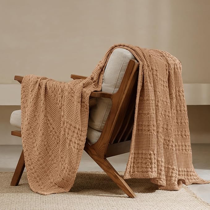 PHF 100% Cotton Waffle Weave Throw Blanket, Soft Lightweight Breathable Cozy Throws for Couch Bed Sofa, Luxury Aesthetic Woven Blanket for Home Decor & Office, 50"x60", Clay