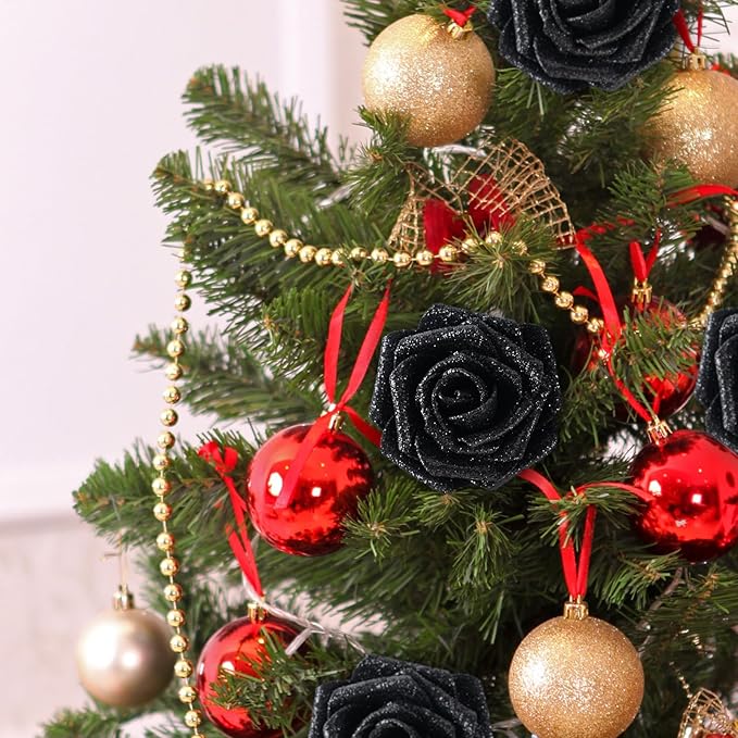 MACTING 30PCS Artificial Flowers Real Touch Foam Roses with Stem Black Fake Glitter Flowers for DIY Wedding Bouquet Table Centerpieces Party Holiday Wreath Home Spring Mothers Day Decor