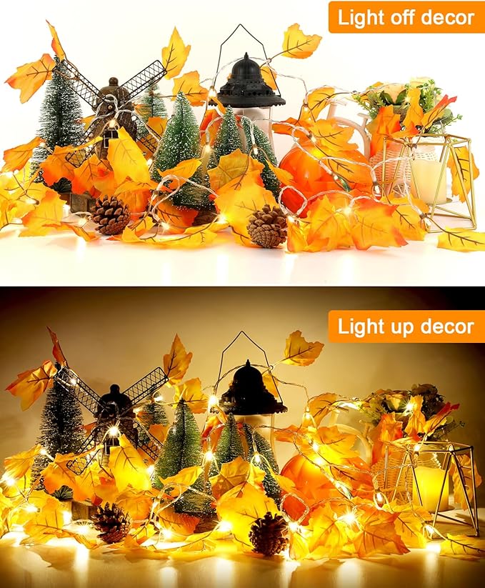 Luditek Fall Decor 3-Pack Fall Leaf Garland with Lights, Total 24.6ft 60 LED Halloween String Lights, Thanksgiving Decorations for Home Holiday Autumn Indoor Friendsgiving Gift