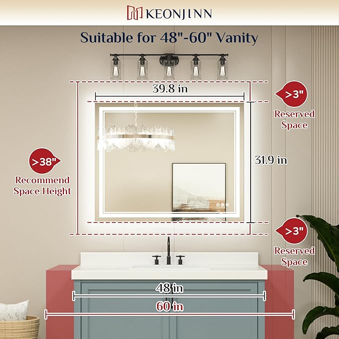 Keonjinn Lighted Bathroom Mirror, 40 x 32 Inch Bathroom LED Mirror with Lights, Frontlit Only, HD Tempered Glass, UL-Listed LED Driver, Anti-Fog, 6000K Dimmale, Easy Installation(Horizontal/Vertical)