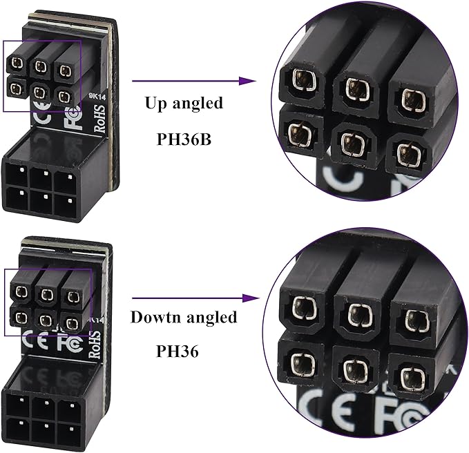 (2Pack 180 Degree ATX 6Pin Female to Male Connector PCI 6 Pin to 6 Pin PCI Express Video Card Power Adapter for Desktop Graphics Card (Down/6 Pin)