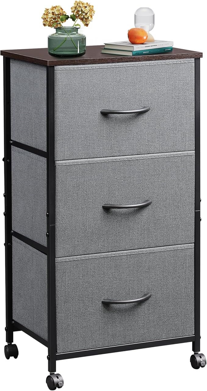 WLIVE Dresser with 3 Drawers, Fabric Nightstand, Cabinet with Wheels, Organizer Storage Dresser for Bedroom, Office, Closets, Sturdy Steel Frame, Easy Pull Handle, Dark Grey