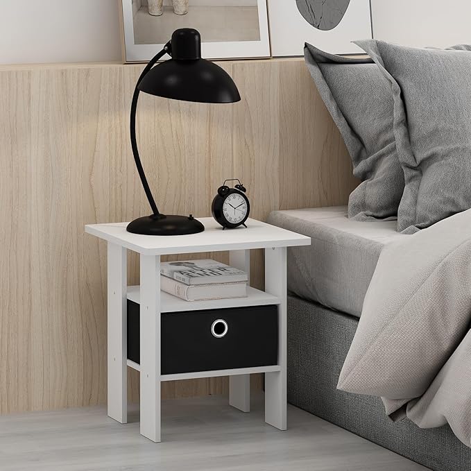 Furinno Andrey Side Table, End Table, Night Stand with Open Shelves and Storage Bin, Bedside Table, for Living Room, Bedroom, White