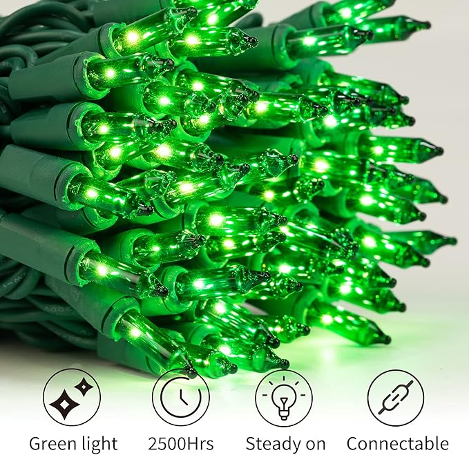 Minetom St. Patrick's Day Mini String Lights, 100 Count 27 Feet Detachable Incandescent Bulb Waterproof Green Fairy Lights Plug in for Indoor Outdoor Party Patio Christmas Decoration, Green Wire